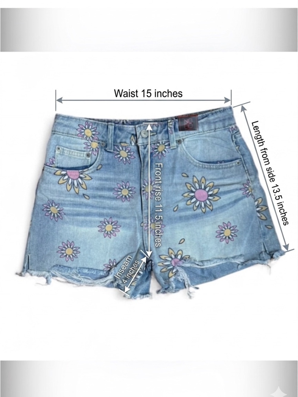 No Boundaries Light Blue Denim Shorts with Pink & Yellow Daisy Print - Picture 6 of 6